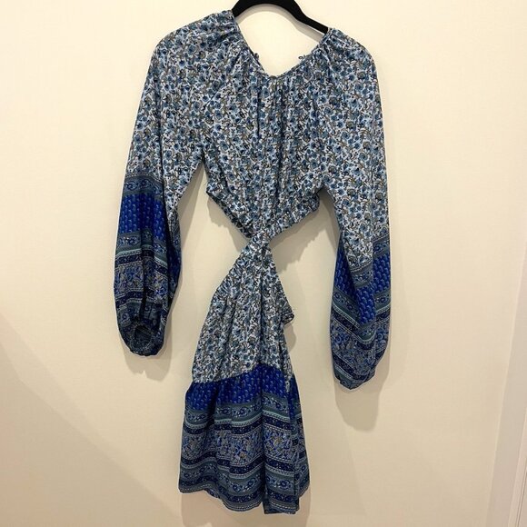 Blue Floral Long-Sleeve Mini Dress, Size 2 / XS - Picture 1 of 3